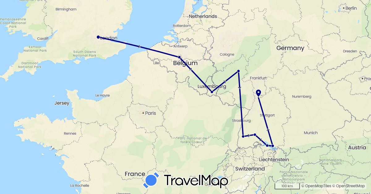 TravelMap itinerary: driving in Belgium, Germany, United Kingdom, Luxembourg (Europe)