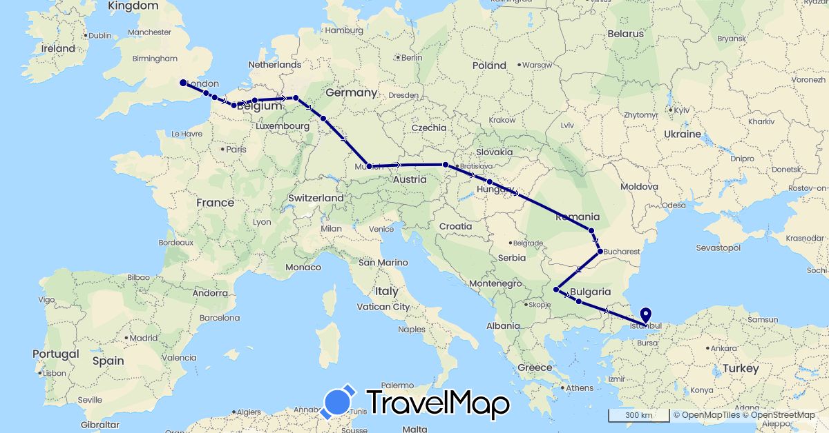 TravelMap itinerary: driving in Austria, Belgium, Bulgaria, Germany, France, United Kingdom, Hungary, Romania, Turkey (Asia, Europe)